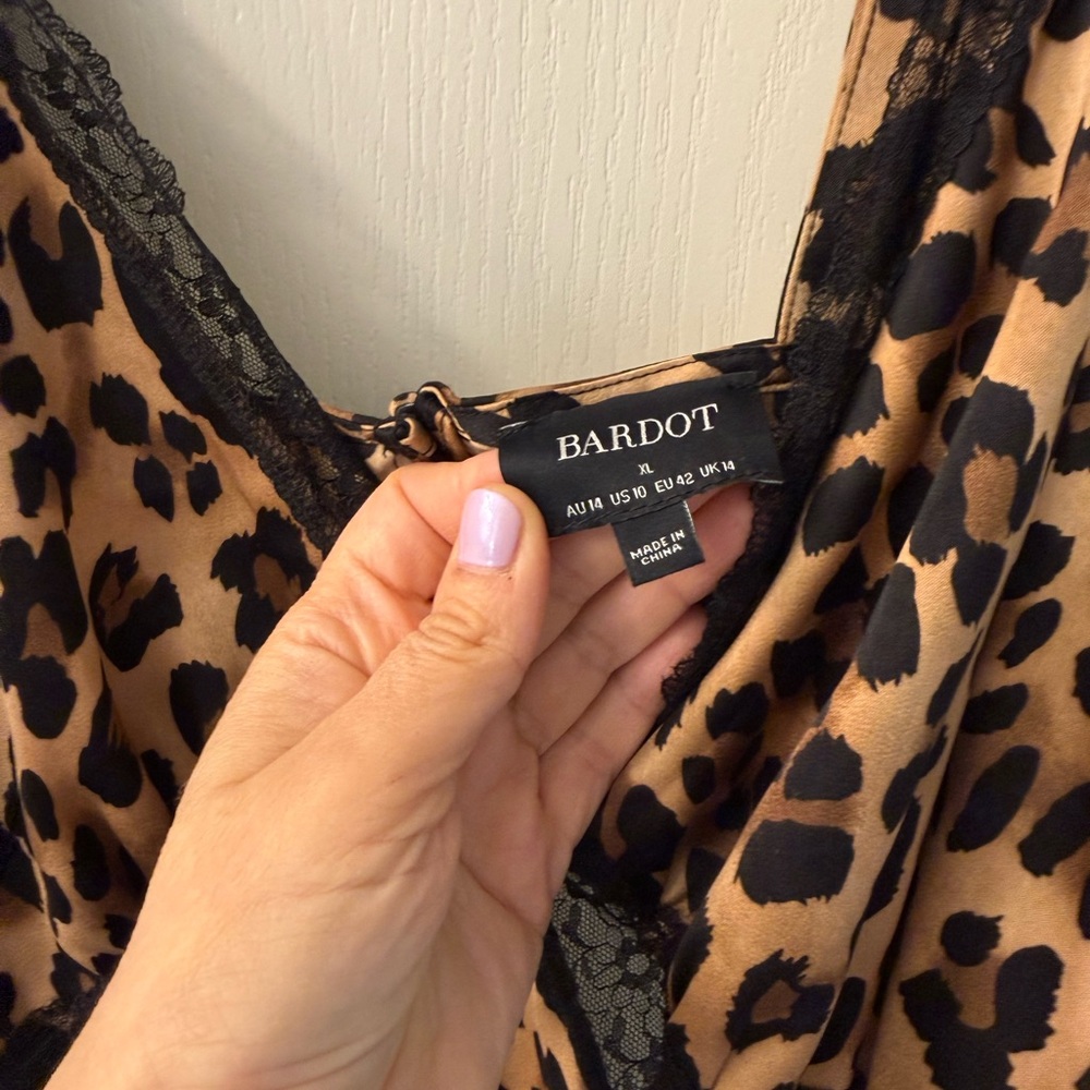 Bardot Leopard Print Slip Dress with Black Lace Trim - Picture 5 of 6